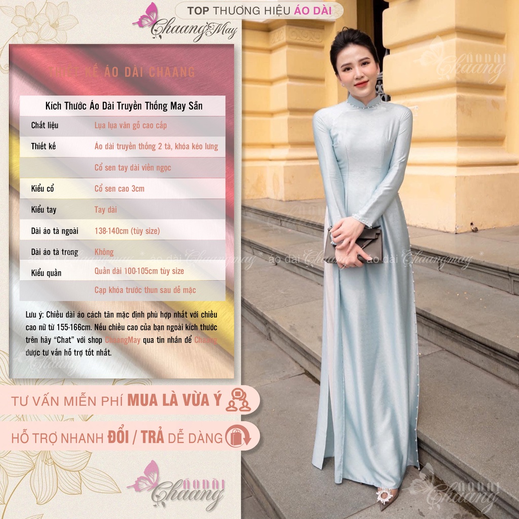 Áo Dài Xước Lụa Vân Gỗ Tone Hồng Chaang May Sẵn Truyền Thống Đính Viền Ngọc Dự Tiệc Lễ Tết Đẹp Sang Trọng ADC087