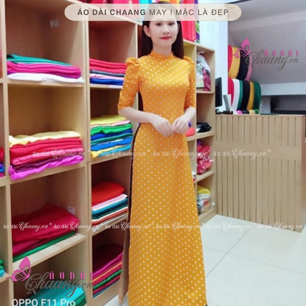 Áo Dài Truyền Thống Chấm Bi Vàng Vai Bồng May Sẵn Lụa Thái Cổ Vuông Đẹp ChaangBi08