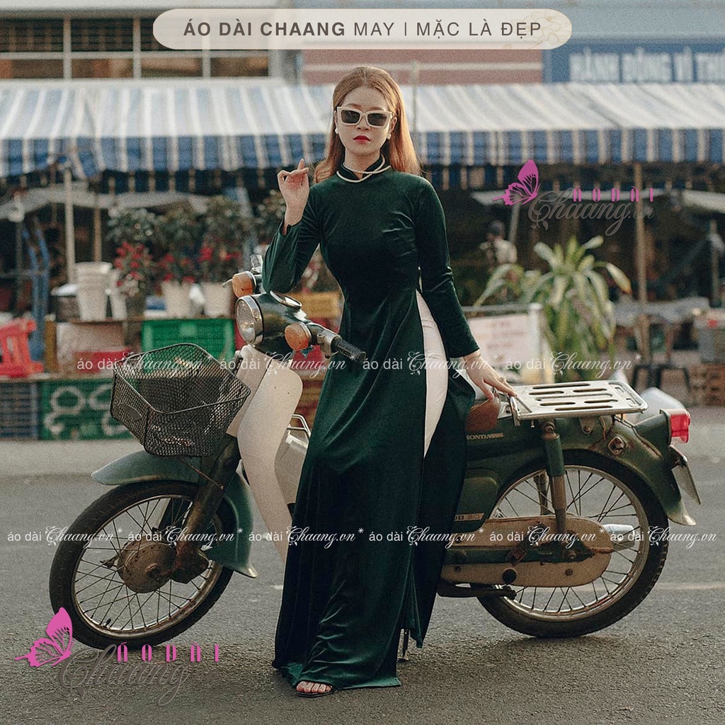 Áo dài xanh vải nhung Chaang May sẵn vải áo dài tay co giãn truyền thống mặc dự tiệc lễ tết đẹp