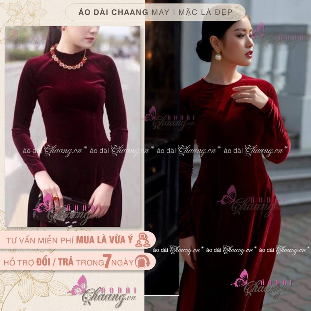 Áo dài nhung đính đá ngọc CHAANG May sẵn áo dài trung niên cổ tròn, vải đỏ đô đậm đẹp