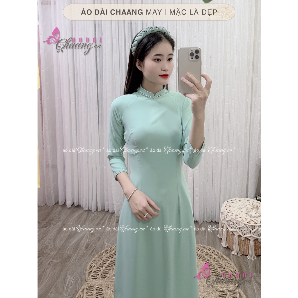 Áo dài xanh ngọc Chaang may sẵn áo dài lụa tằm truyền thống cổ vuông tay lỡ dự tiệc lễ tết đẹp