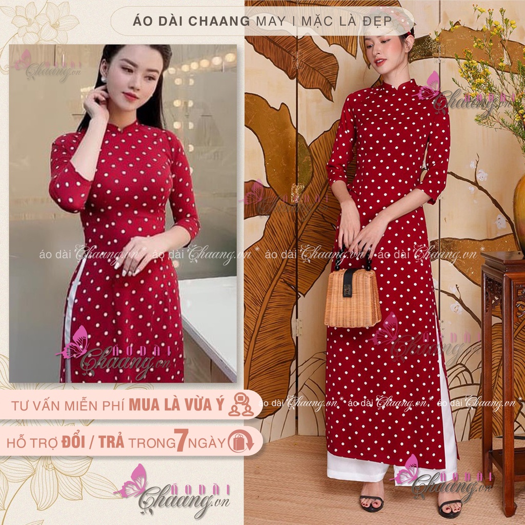 Áo Dài Tết Chấm Bi Đỏ Đô Cổ Vuông Tay Lỡ Truyền Thống Chất Lụa Thái Mặc Dự Tiệc Du Xuân Đẹp