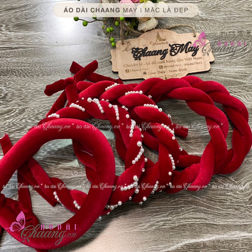 Mấn nhung đội đầu áo dài cách tân nữ truyền thống CHAANG may thiết kế chụp hình dự tiệc cưới lễ tết đẹp ADC924