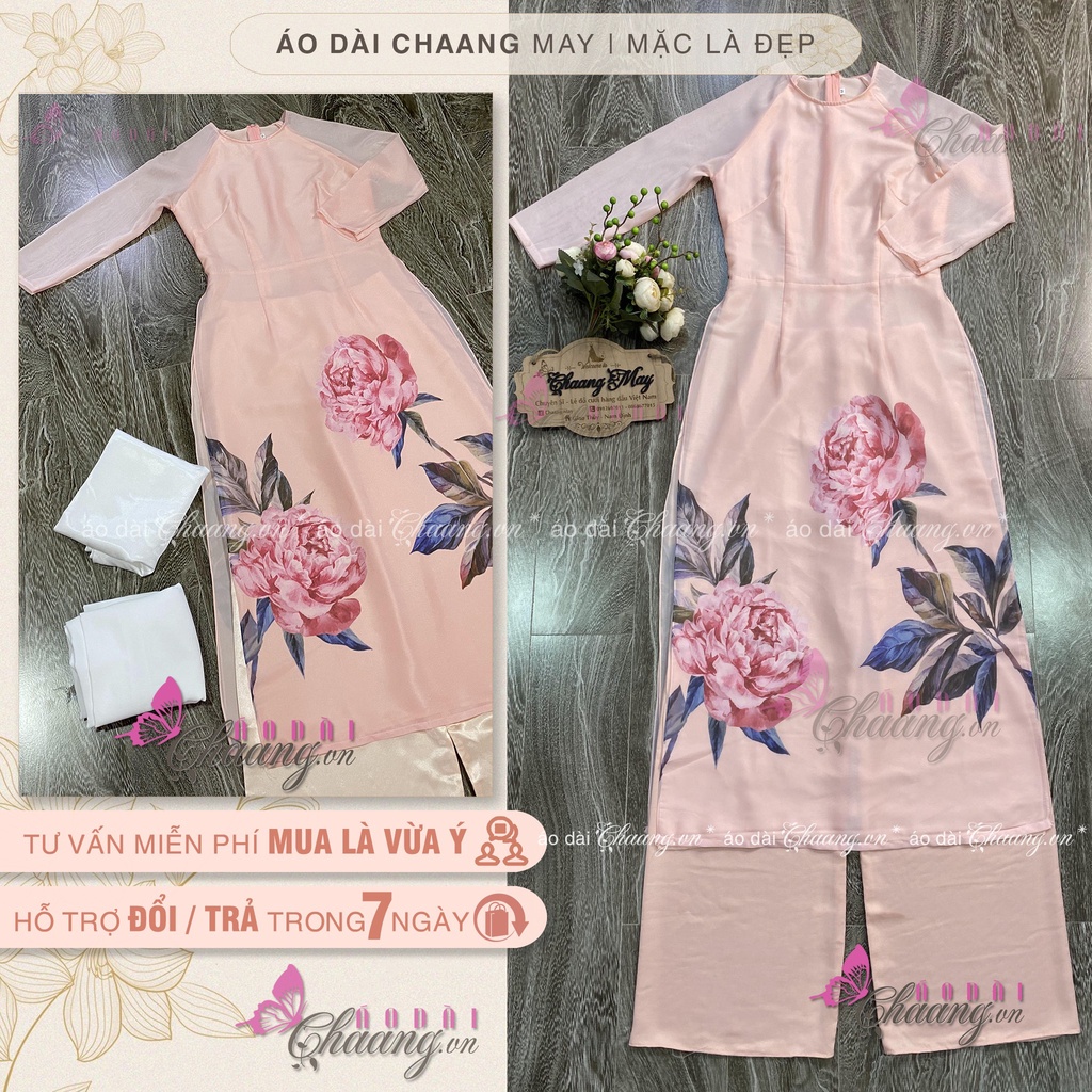 Áo Dài Cách Tân Nữ 4 Tà Hoa Hồng Bự Thiết Kế Cổ Tròn Tay Lỡ Lụa Tơ Óng Đẹp