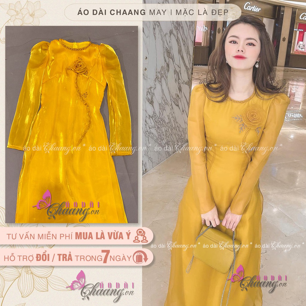 Áo Dài Cách Tân Nữ Cao Cấp May Sẵn Tay Bồng Lụa Tơ 4 Tà Cổ Tròn Kết Hoa Thủ Công Phù Hợp Dự Tiệc Lễ Tết Đẹp