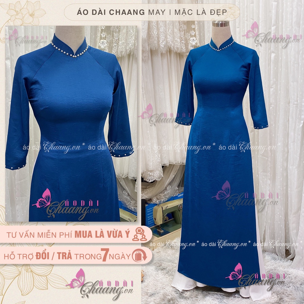 Áo Dài Xanh Navi Cổ Vịt CHAANG May Sẵn 2 Tà Thuyền Thống Lụa Đẹp ADX422