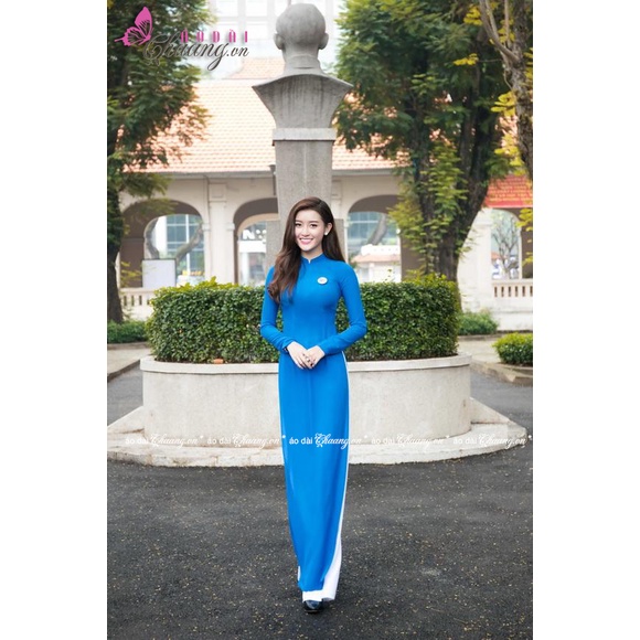 Áo Dài Xanh Thiên Thanh Đoàn Viên May Sẵn Vải Lụa Cao Cấp Cổ Vuông Tay Dài Đẹp TN01