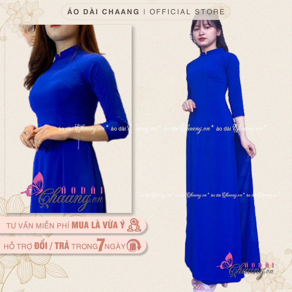 Áo dài xanh coban Chaang May sẵn áo cổ vuông tay lỡ, vải lụa xanh bích