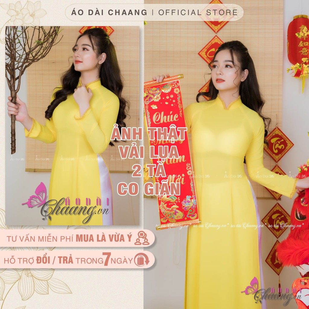 Áo dài vàng đính đá pha lê Chaang may sẵn vải áo dài truyền thống dự tiệc lễ tết đẹp