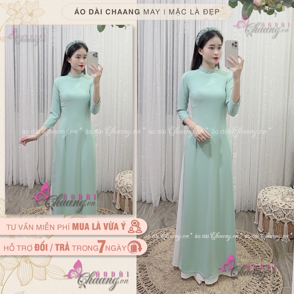 Áo dài xanh ngọc Chaang may sẵn áo dài lụa tằm truyền thống cổ vuông tay lỡ dự tiệc lễ tết đẹp