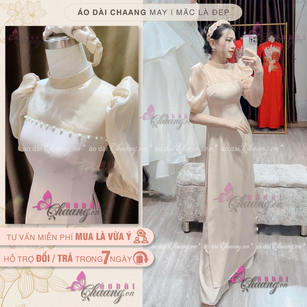 Áo Dài Cách Tân Nữ Nude Sang Trọng Tay Tơ Bồng Có Cổ Tròn Liền Cách Điệu Đẹp C-AD422