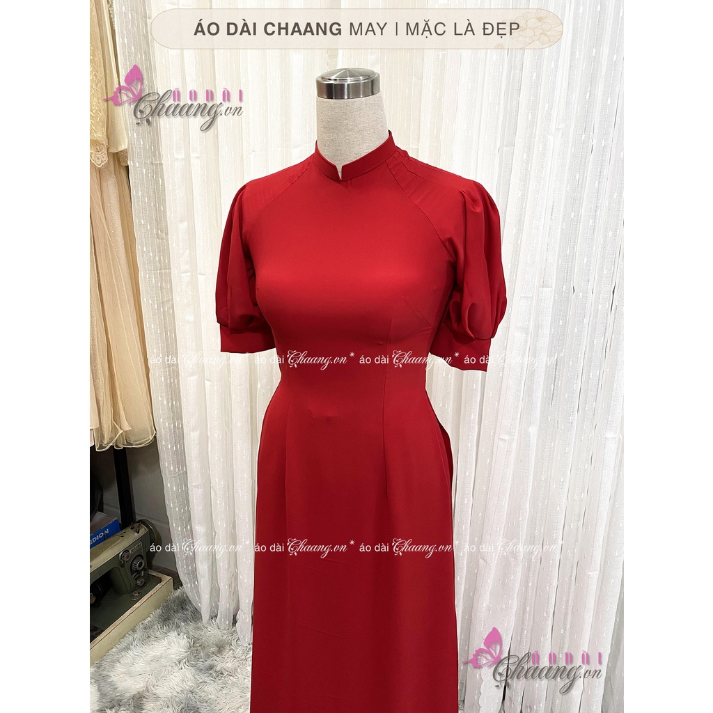 Áo Dài Tết Cách Tân Nữ Thiết Kế Tay Bồng Măng Séc Chaang May sẵn vải Lụa Đỏ dự tiệc cưới lễ tết đẹp