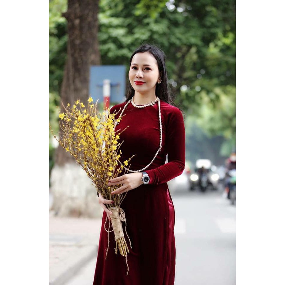 Áo Dài Nhung Đỏ Đô Đậm Truyền Thống May Sẵn Dự Tiệc Lễ Tết Đẹp Quý Phái