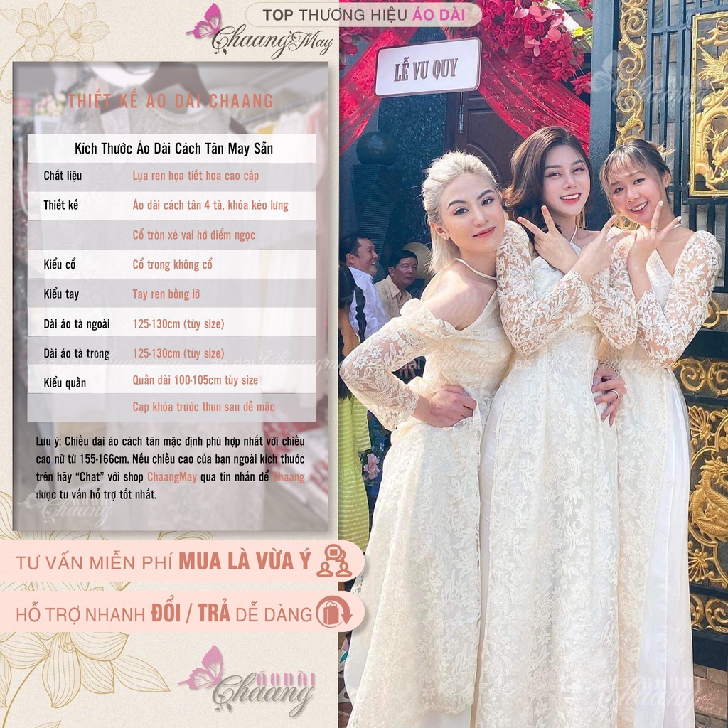 Áo dài cách tân nữ ren hoa tay bồng xẻ vai Chaang May sẵn cách điệu sang trọng trong lễ tết cưới hỏi đẹp