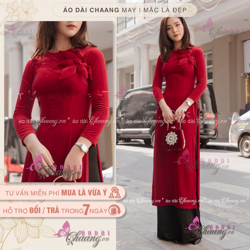Áo dài nhung cổ tròn CHAANG May sẵn Áo dài nhung sang trọng, vải áo dài nhung đỏ sang trọng