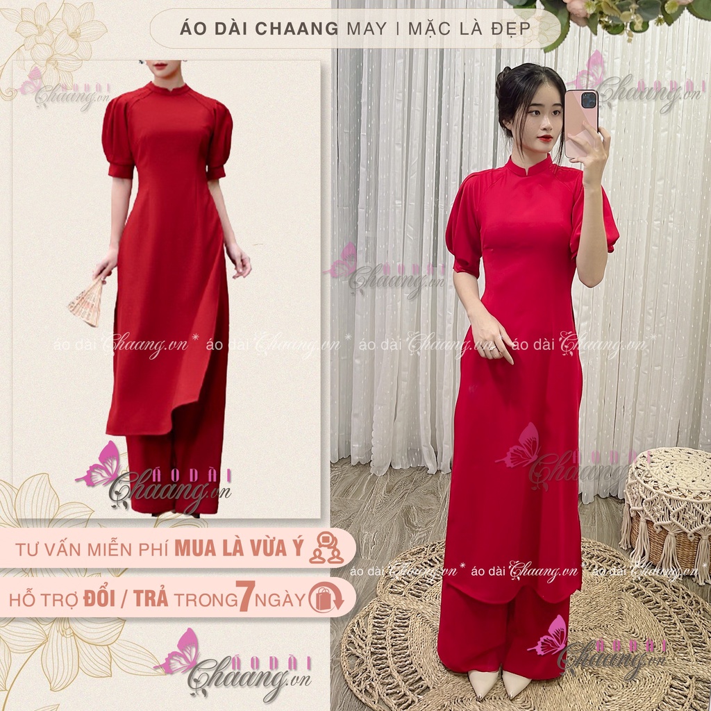 Áo Dài Tết Cách Tân Nữ Thiết Kế Tay Bồng Măng Séc Chaang May sẵn vải Lụa Đỏ dự tiệc cưới lễ tết đẹp