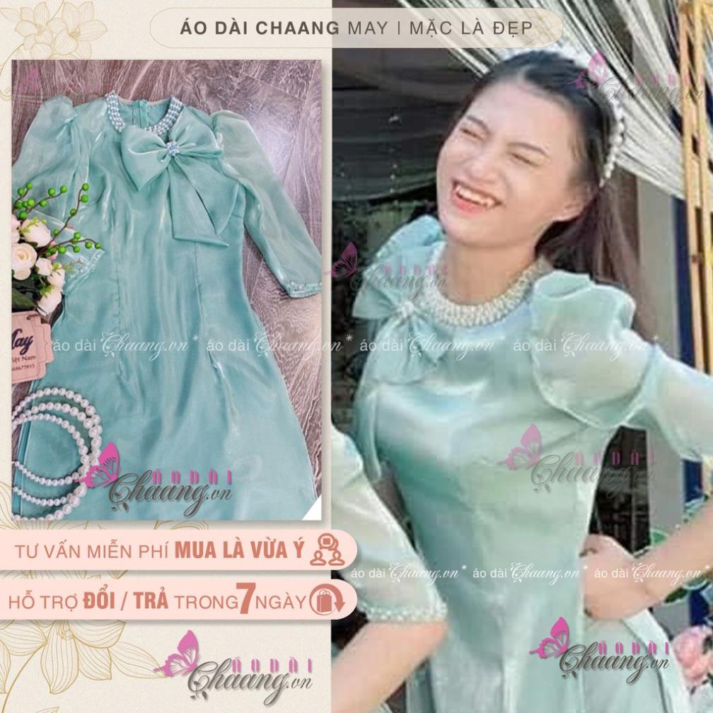 Áo dài cách tân tay lỡ bồng may sẵn áo dài 4 tà cổ tròn đính ngọc lụa tơ đẹp