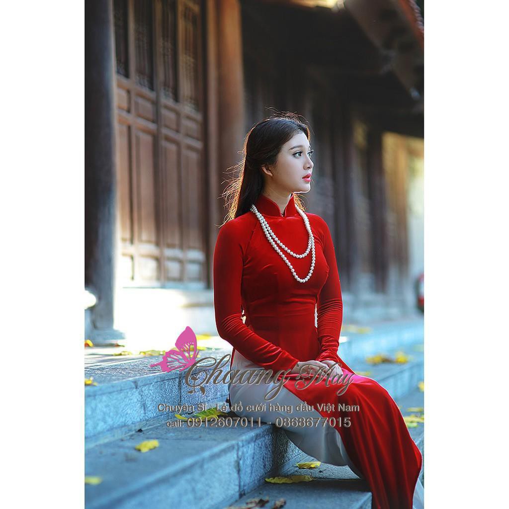 Áo dài nhung đỏ vai bồng may sẵn dáng truyền thống cổ cao tay phồng dài đẹp