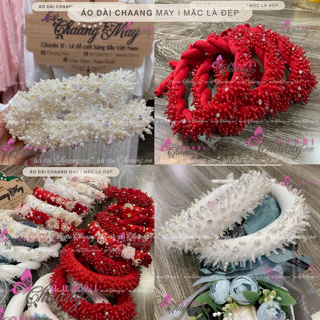 Mấn đội đầu, cài tóc cô dâu thiết kế đẹp cùng áo dài cao cấp