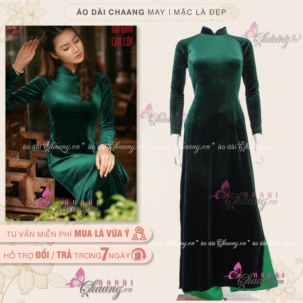 Áo dài xanh vải nhung Chaang May sẵn vải áo dài tay co giãn truyền thống mặc dự tiệc lễ tết đẹp