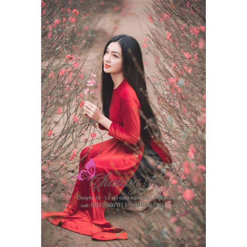 Áo dài cổ tròn đính đá ngọc Chaang May sẵn áo truyền thống vải nhung đỏ đô tươi đẹp