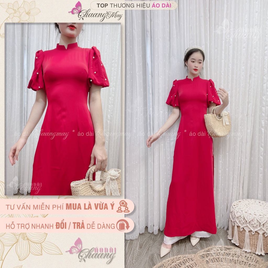 Áo dài cách tân nữ tay bồng đính ngọc Chaang May sẵn lụa Mỹ vai phồng xinh dự tiệc lễ tết đẹp