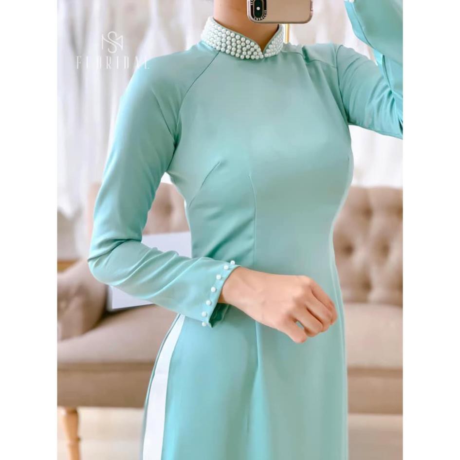 Áo Dài Lụa Xanh Đính Đá Ngọc Đẹp May Sẵn Lua Tây Thi Đẹp ADX021
