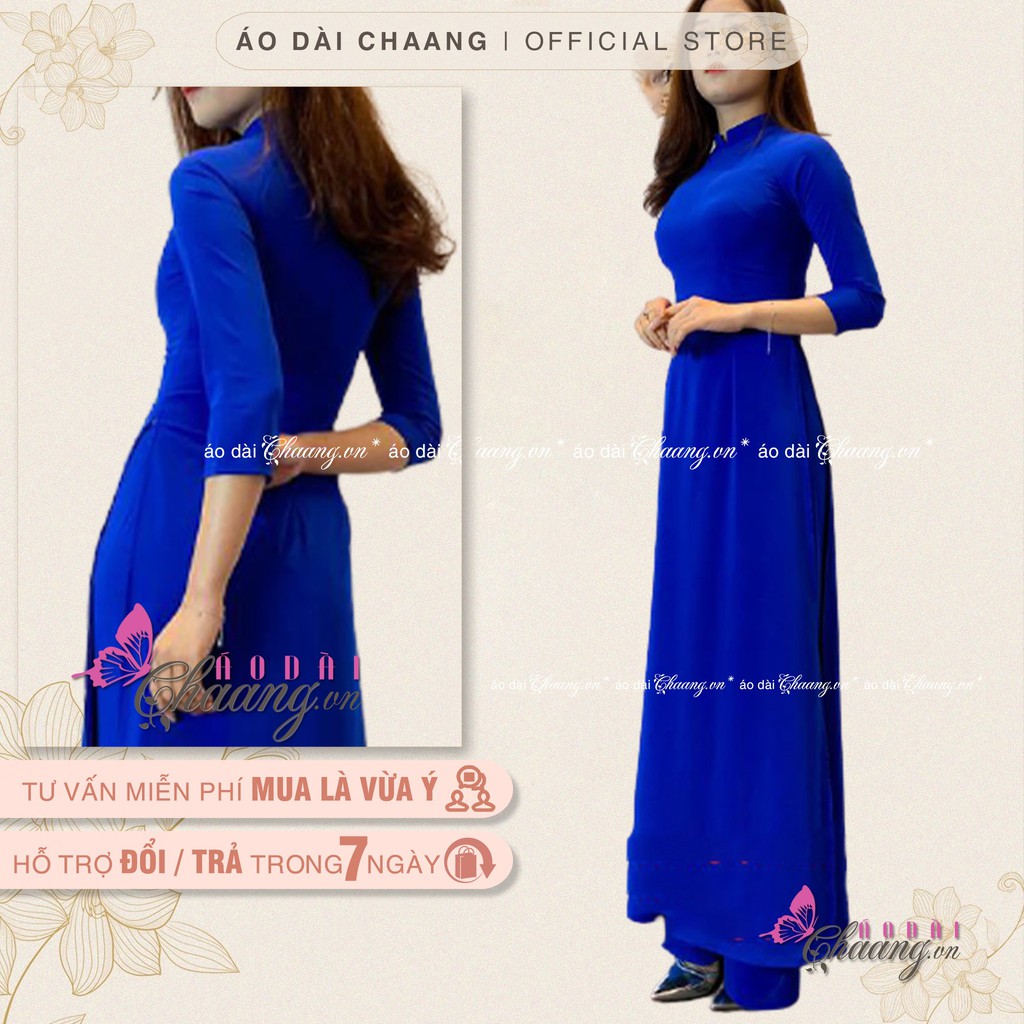 Áo dài xanh coban Chaang May sẵn áo cổ vuông tay lỡ, vải lụa xanh bích