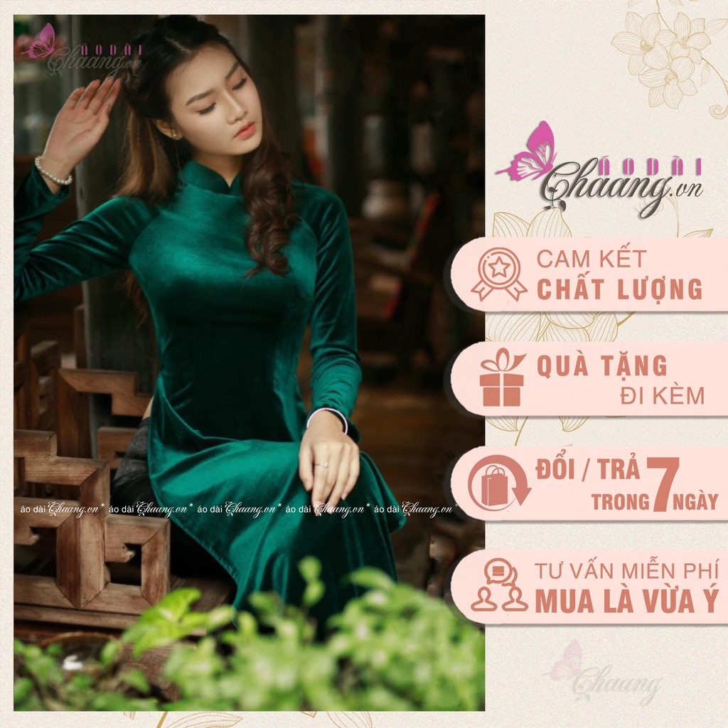 Áo dài xanh vải nhung Chaang May sẵn vải áo dài tay co giãn truyền thống mặc dự tiệc lễ tết đẹp