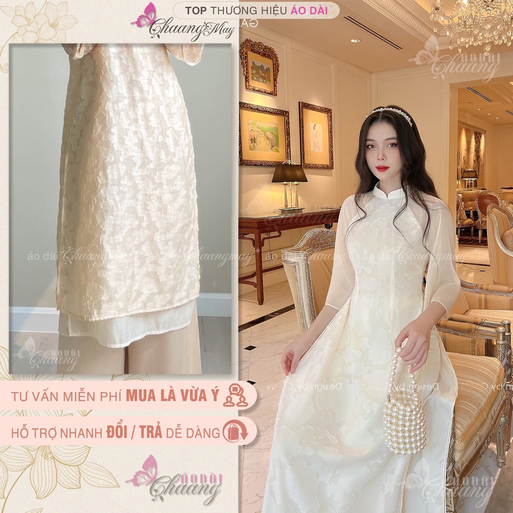 Áo Dài Cách Tân Nữ Vân Nổi Phối Tay Loe Chaang May Sẵn Họa Tiết Nổi Bật Dự Tiệc Lễ Tết Đẹp Sang Trọng