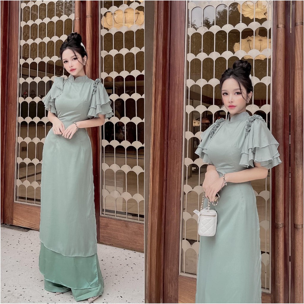 Áo dài nữ 4 tà tay bèo cánh tiên may sẵn Lụa tơ óng mặc dự tiệc lễ tết Đẹp