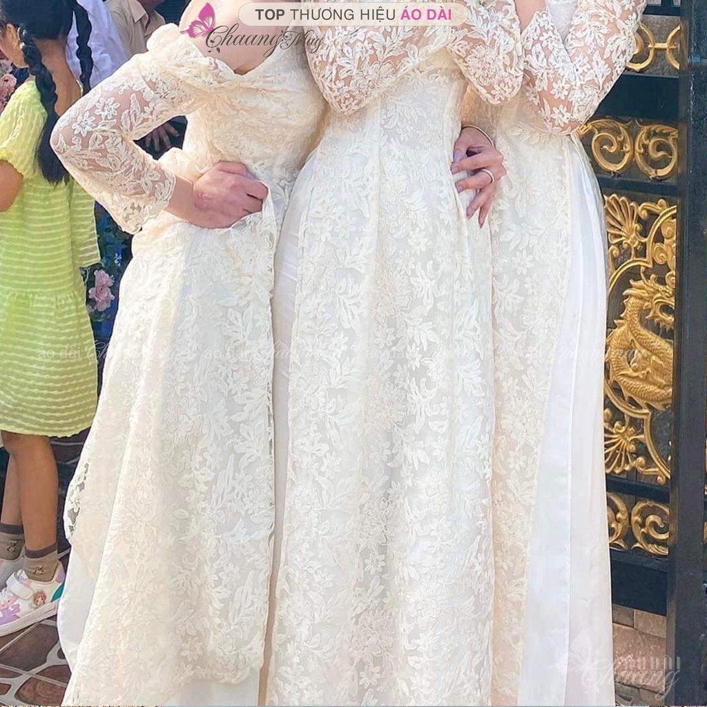 Áo dài cách tân nữ ren hoa tay bồng xẻ vai Chaang May sẵn cách điệu sang trọng trong lễ tết cưới hỏi đẹp