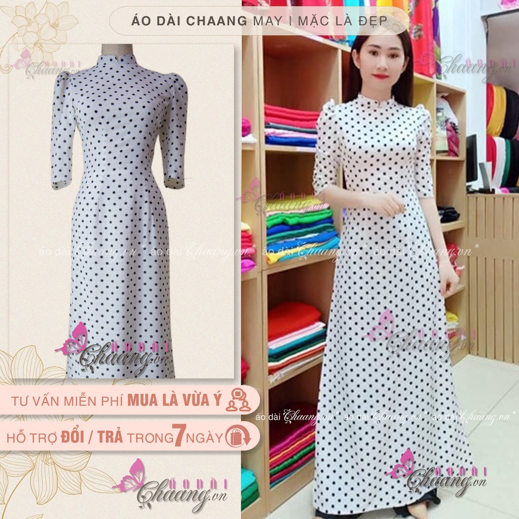 Áo Dài Trắng Truyền Thống Chấm Bi Vai Bồng May Sẵn Lụa Thái Cổ Vuông Đẹp ChaangBi09