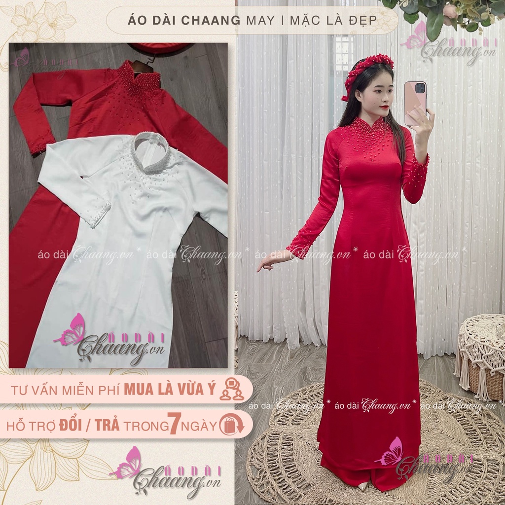 Áo dài đính đá cườm Chaang May thiết kế áo dài xinh tủa hạt ngọc cô dâu dự tiệc ăn hỏi lễ tết đẹp
