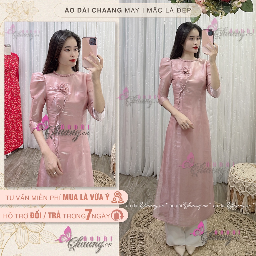 Áo Dài Cách Tân Nữ Cao Cấp May Sẵn Tay Bồng Lụa Tơ 4 Tà Cổ Tròn Kết Hoa Thủ Công Phù Hợp Dự Tiệc Lễ Tết Đẹp