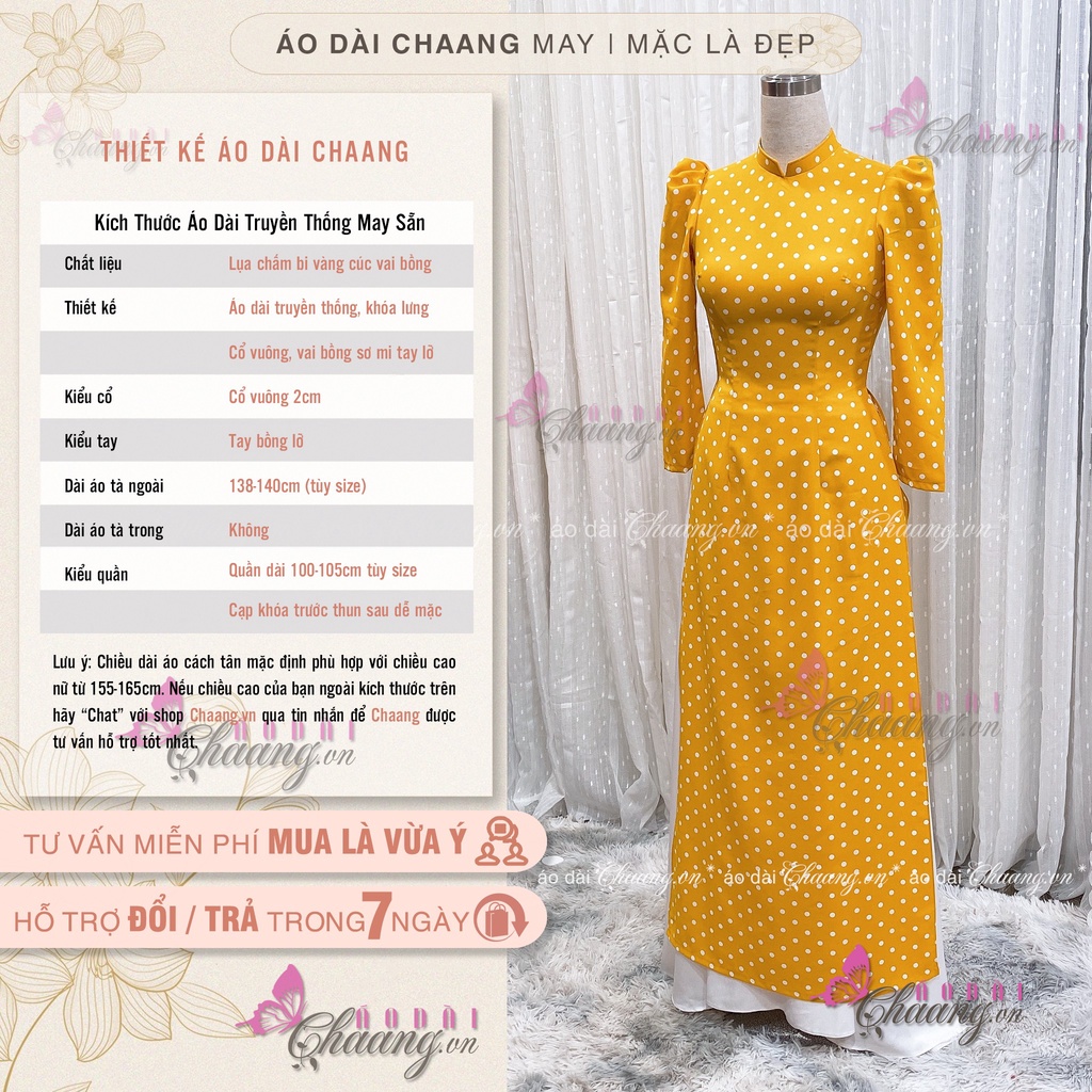 Áo Dài Truyền Thống Chấm Bi Vàng Vai Bồng May Sẵn Lụa Thái Cổ Vuông Đẹp ChaangBi08
