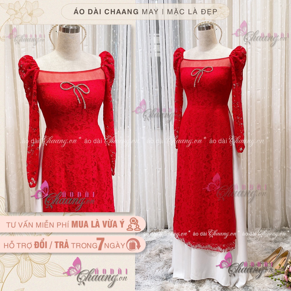 Áo Dài Đỏ Cách Tân Nữ Ren Phủ 4 Tao Cấp Cổ Voon Vuông Trễ Tay Vai Bồng Dài Dự Tiệc Lễ Tết Đẹp