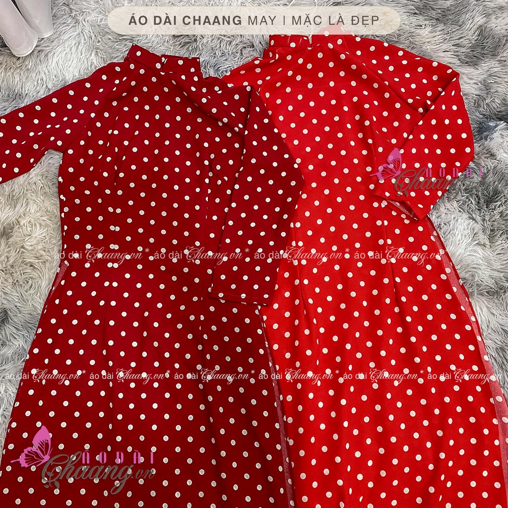 Áo Dài Đỏ Tươi Chấm Bi Trắng May Sẵn Áo Dài Truyền Thống Cổ Vuông Tay Lỡ Lụa Mặc Tết Đẹp