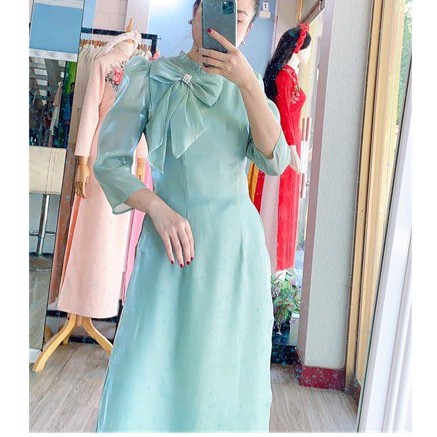 Áo Dài cách tân nữ 4 tà CHAANG May sẵn áo dài đẹp tay lỡ, vải tơ bóng mềm cổ xếp vai bồng