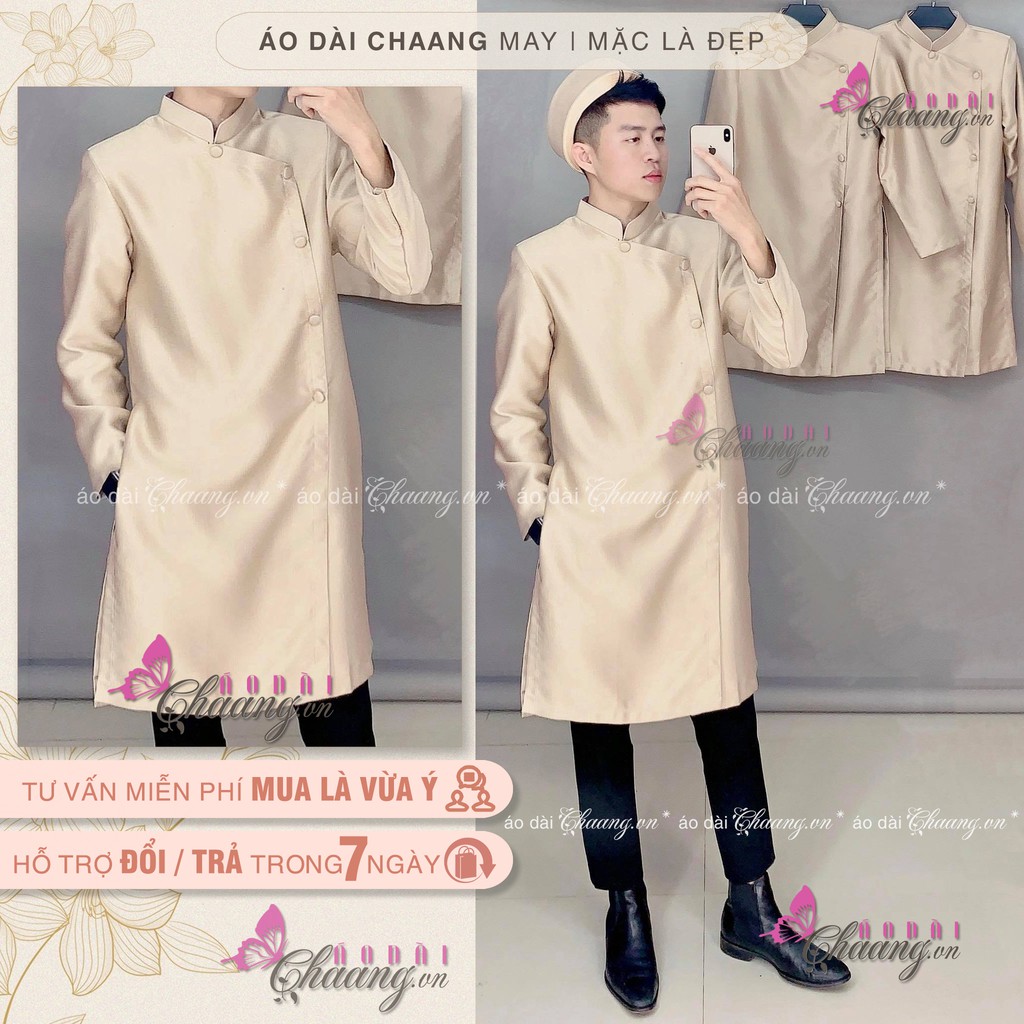 Áo dài nam cách tân Chaang May sẵn vải gấm da be nâu dày dặn lên form Vestton dự tiệc biểu diễn lễ tết đẹp ADC133