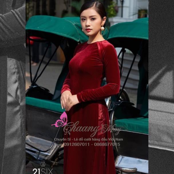 Áo dài nhung cổ tròn Chaang May sẵn áo dài vải đỏ đô đẹp sang trọng