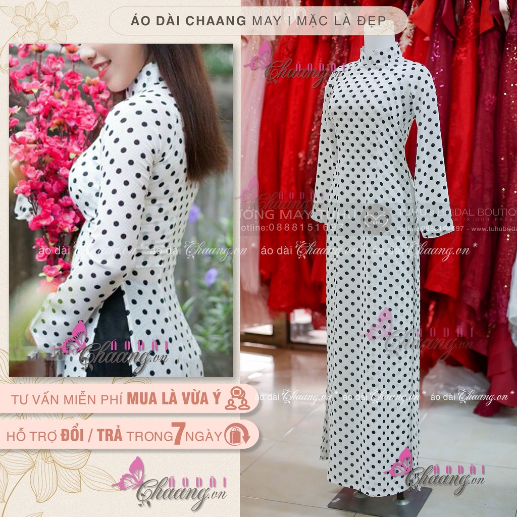 Áo dài trắng chấm bi - Áo dài truyền thống may sẵn lụa đẹp cổ sen cao tay dài