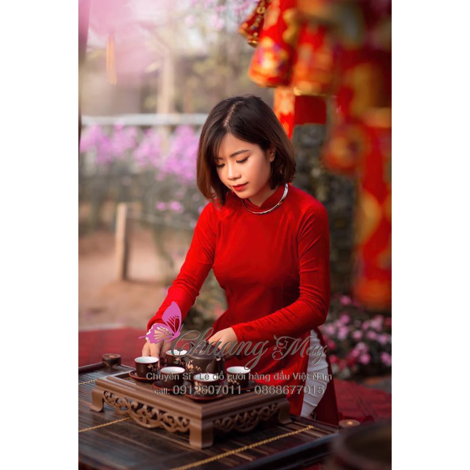 Áo dài nhung đỏ vai bồng may sẵn dáng truyền thống cổ cao tay phồng dài đẹp