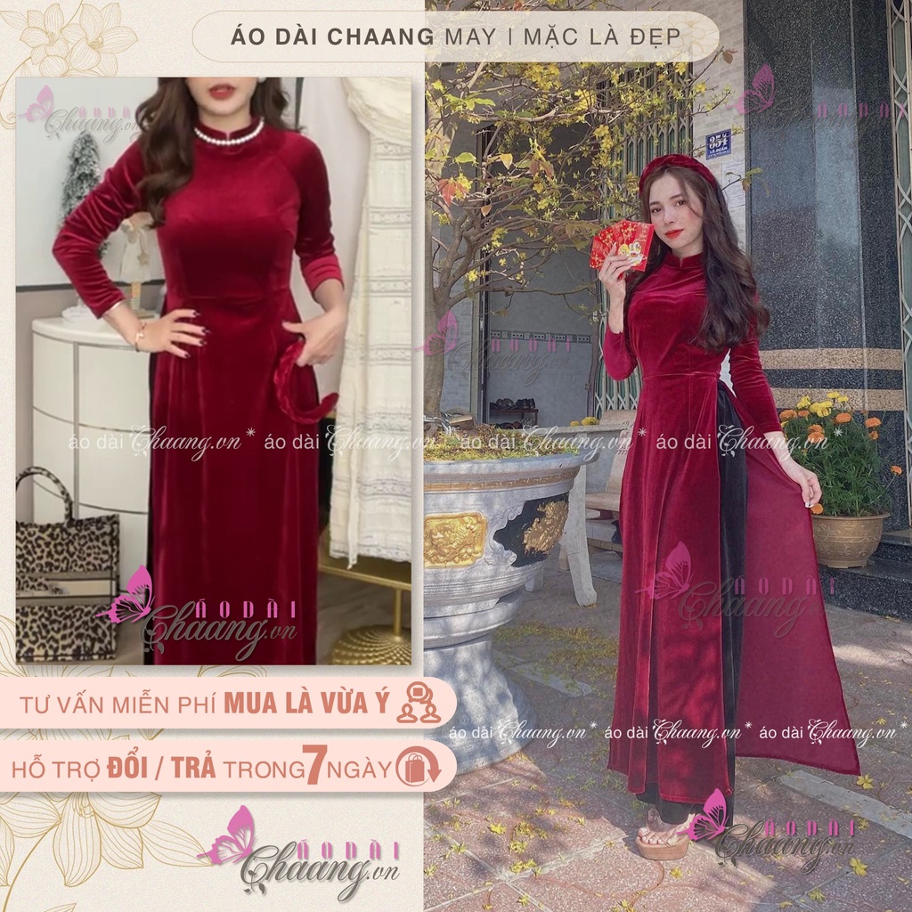 Áo Dài Nhung Truyền Thống Cổ Vuông Phong Cách Xưa Cổ Điển Mặc Dự Tiệc Lễ Tết Đẹp Sang Trọng