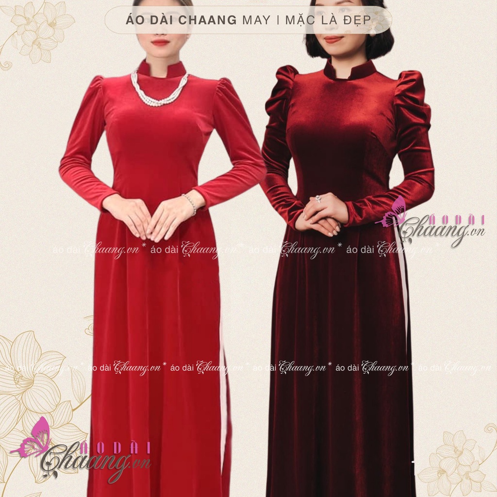 Áo dài nhung đỏ đô CHAANG May sẵn áo dài cổ vuông hở tay phồng đẹp, vải truyền thống cao cấp