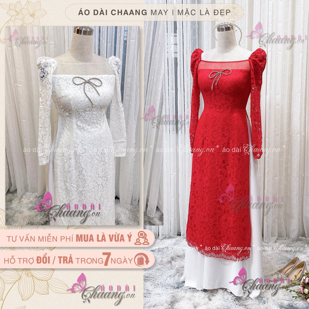 Áo Dài Đỏ Cách Tân Nữ Ren Phủ 4 Tao Cấp Cổ Voon Vuông Trễ Tay Vai Bồng Dài Dự Tiệc Lễ Tết Đẹp