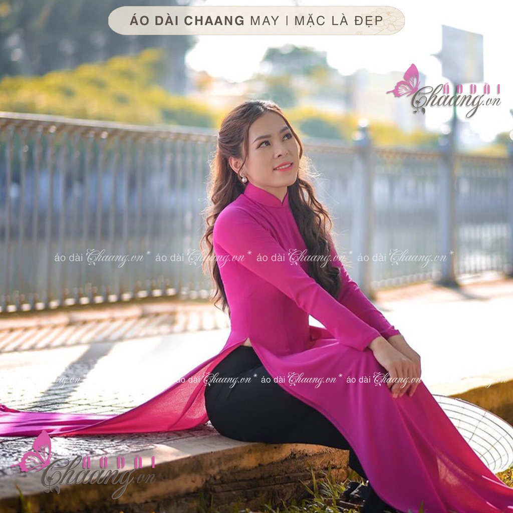 Áo dài truyền thống màu hồng hoa 10h Chaang may sẵn lụa my cao cấp cổ sen tay dài dự tiệc lễ tết đẹp ADC056