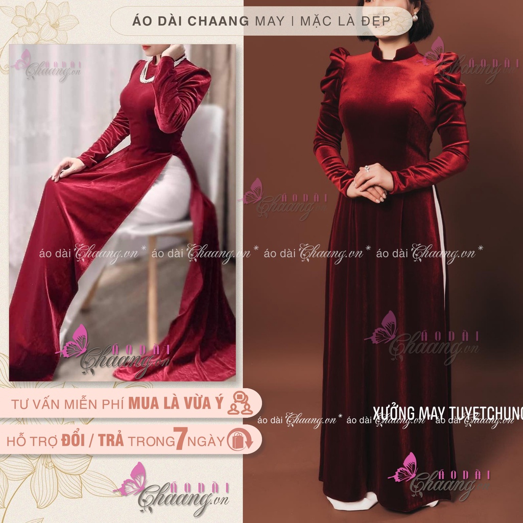 Áo dài nhung đỏ đô CHAANG May sẵn áo dài cổ vuông hở tay phồng đẹp, vải truyền thống cao cấp