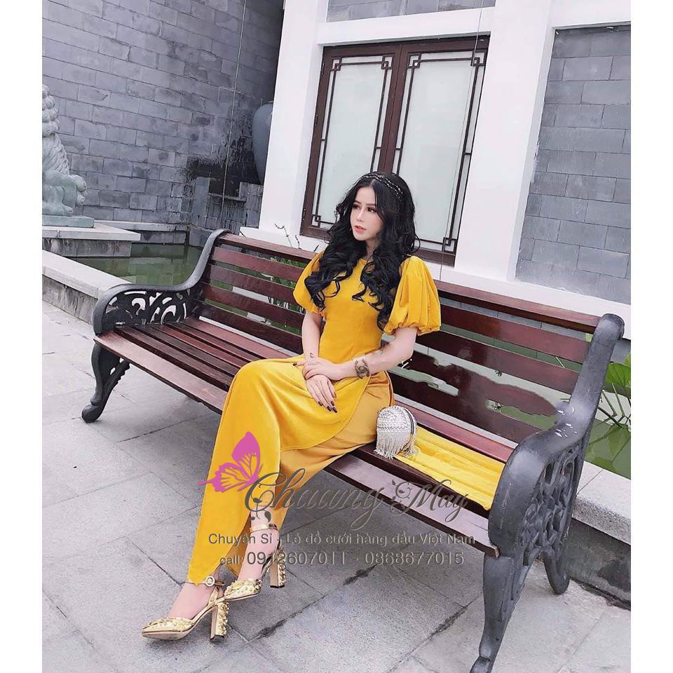 Áo Dài Nhung Cách Tân Nữ May Sẵn Tay Bèo Thun Bồng Sang Trọng Mặc Dự Tiệc Lễ Tết Đẹp