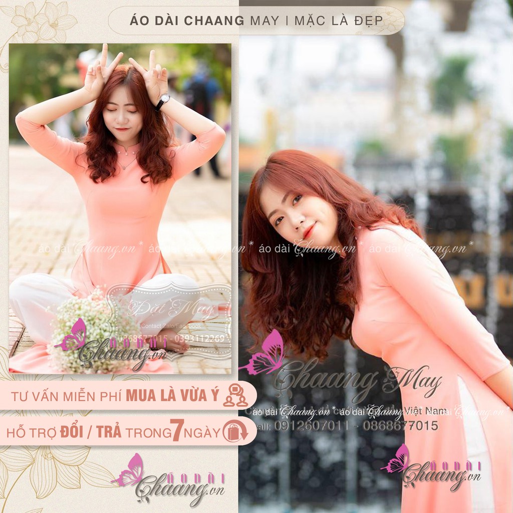 Áo dài truyền thống 4 tà màu cam Chaang May sẵn lụa tằm cao cấp cổ vuông chụp hình lễ tết đẹp
